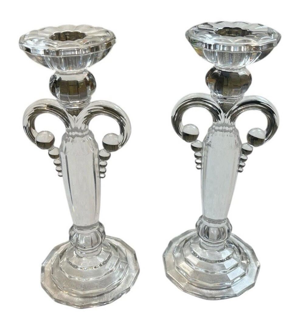 Pair Crystal Art Deco Taper Candle Holders Scalloped Fleur De Lis Austria 8.5"